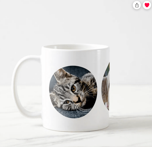 Make your own mug with 3 round photos of your pet or pets. Just upload horizontal images and the templates will do the rest