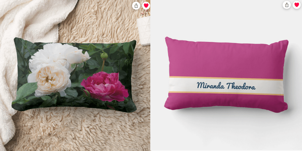 Elegant, modern accent floral lumbar pillow with a photo of cream and fuchsia pink roses. With a personalized name in stylish cursive handwriting on the back, on a fuchsia background. Unique, modern, practical get well soon, retirement, and housewarming gift for a coworker or other lover of nature and flowers