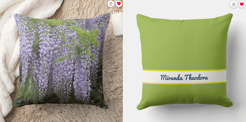 Modern, elegant, wisteria decorative pillow with a personalized name in cursive script on a grass green background. Unique, stylish, practical get well, retirement, or housewarming party present for a coworker or other lover of nature and flowers