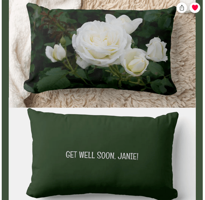 Wish a coworker or friend quick recovery with this Get Well Soon (or Enjoy Your Retirement / Happy Retirement) personalized name lumbar throw pillow. Beautiful photo of cream white roses. 
Forest green background on the back 
