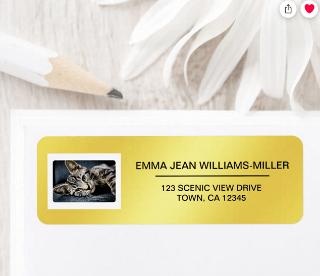 Elegant DIY return address sticky labels to celebrate a new home or an old or new pet. With a golden gradient as background and all-caps text