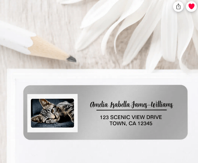 Elegant, modern DIY return address labels with a photo of your pet. Cute way to celebrate your pet or a new home. On a stylish silver gradient background. With the name in a cursive handwriting script