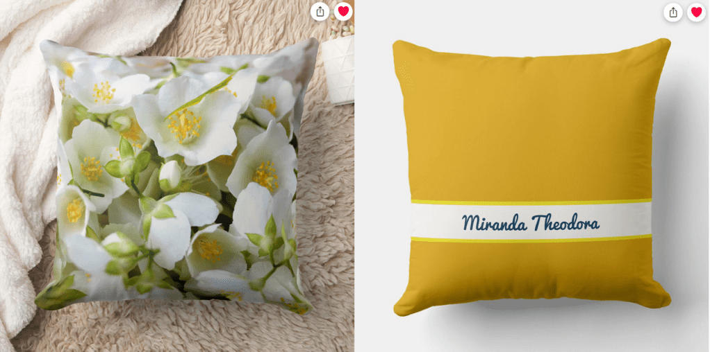 Stylish, strikingly beautiful floral throw pillow with a photo of jasmine flowers. With a personalized name on an ochre background on the back. Great, modern, unique get well, retirement, and housewarming party present for a coworker, a gardener, or other lover of nature and flowers