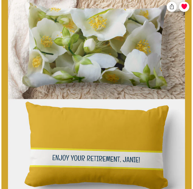 Elegant, modern personalized name Enjoy Your Retirement accent lumbar pillow with a close-up of jasmine flowers. Burnt yellow background on the back
