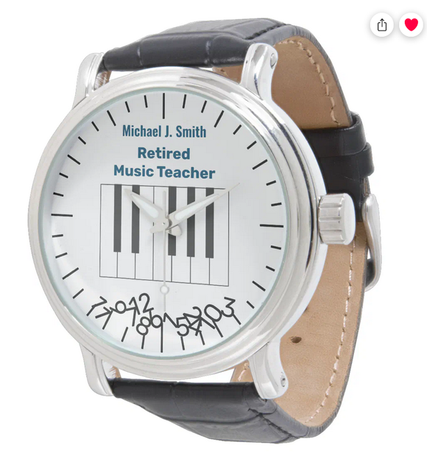 Funny gag gift for the retirement party of a music teacher: a personalized watch (for men) with jumbled numbers at the bottom of the clock face and with piano keys at the center