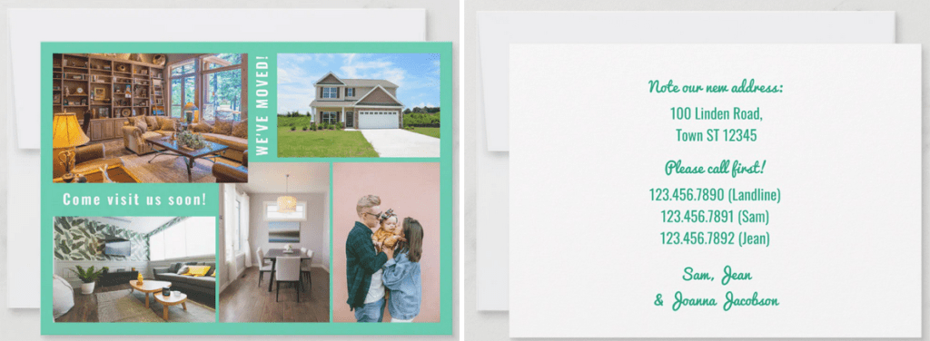 Trendy, stylish minimalist We've Moved announcement card with a photo collage of 5 images on an aquamarine teal background; 2 sides