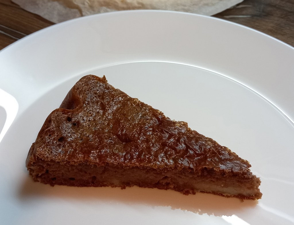 Pic of a piece of chocolate cake on a white plate, photo by author.