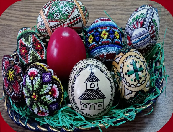 Easter eggs decorated with wax and with beads