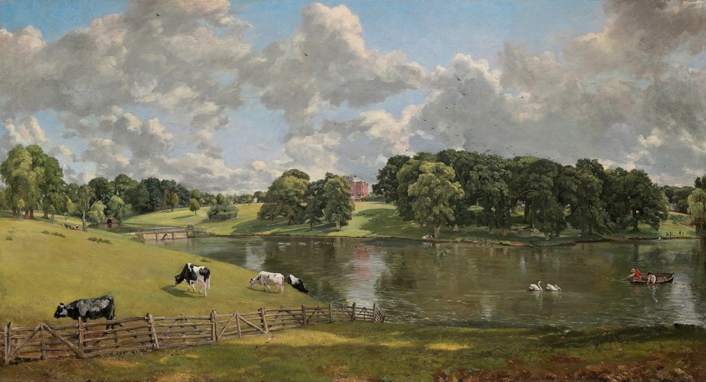 John Constable, Wivenhoe Park, Essex (1816). Oil on canvas, 56.1 x 101.2 cm (22 x 39.8 in). A park with a lake, a fence, cattle, birds, meadows, and trees, and a sky with cumulus clouds.