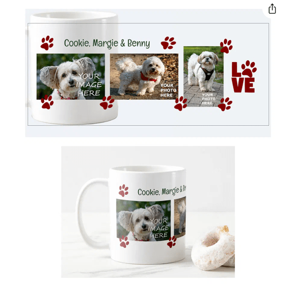 Personalized dog or cat photo mug, easy DYI online design. Upload 3 photos and edit the names to 3 or 2 or 1 name. Cute, modern design with paw prints, and with a LOVE sign with a paw print.