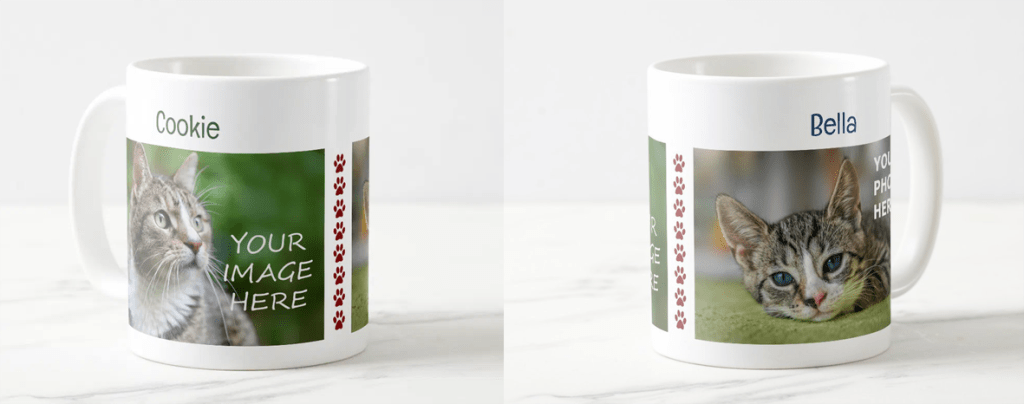 Personalized pet photo mug with two images of cats (can be dogs or other pets, too) and 2 names. With 8 paw prints.