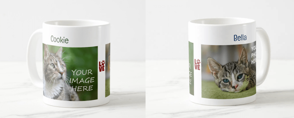 Custom pet photo mug. Easily DIY online design: upload 2 photos, edit 2 names. With a cute, modern LOVE sign with a paw print